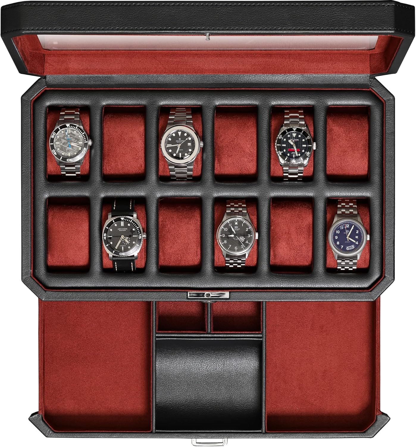 Men Accessories Drawer - 12 Slot Leather Watch Box with