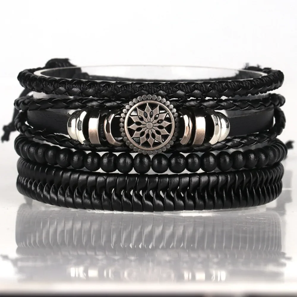 Men Accessories Style - 4pcs Set Black Leather Hand-knitted Couple