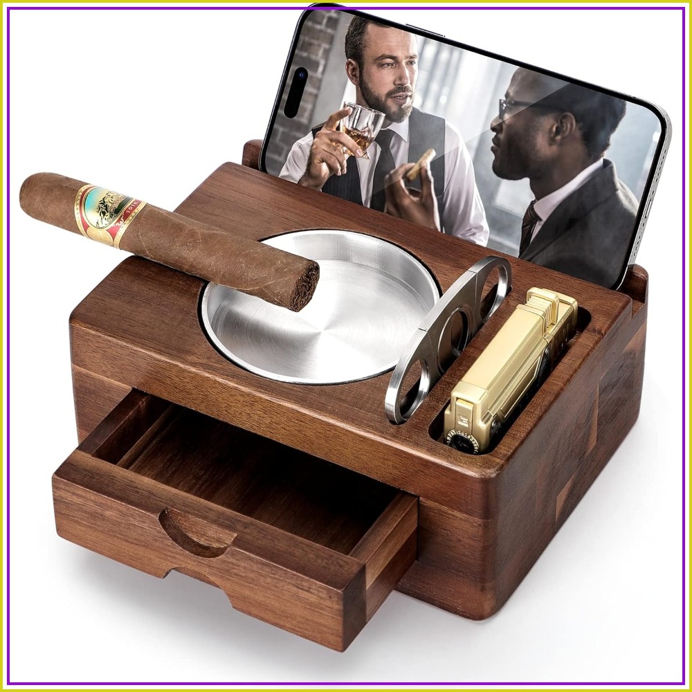 Men Accessories Drawer - Wooden Cigar Ashtray with Cutter, Phone