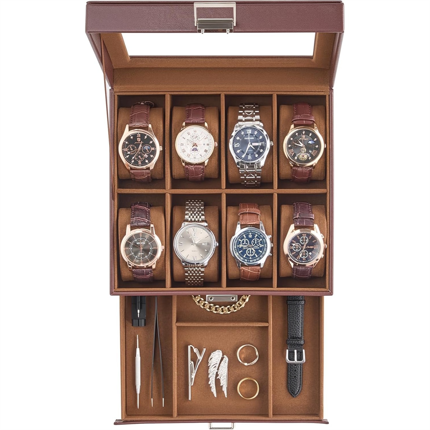 Men Accessories Drawer - 8 Slot Watch Box with Glass