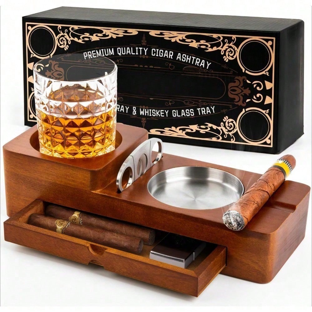 Men Accessories Drawer - Wooden Cigar Ashtray Tray with Whiskey