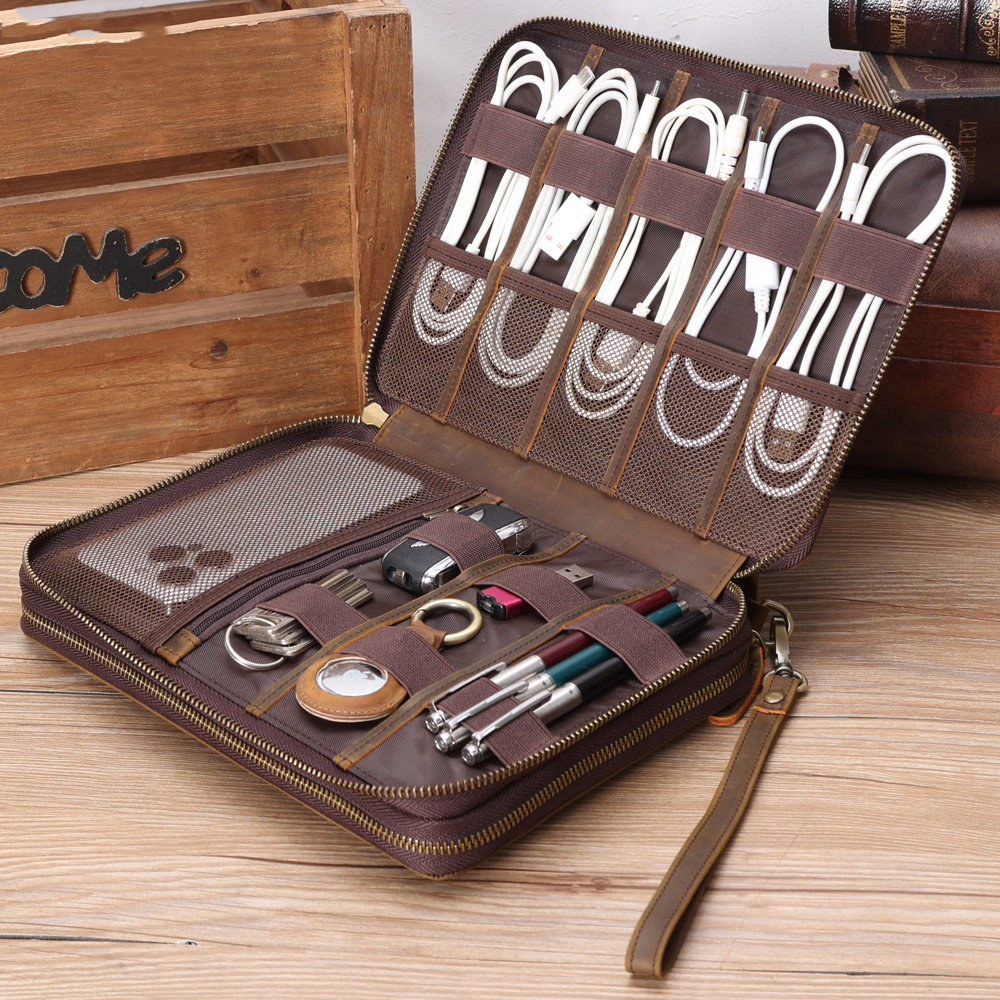 Men Accessories Box - Full Grain Leather Travel Cable Accessories