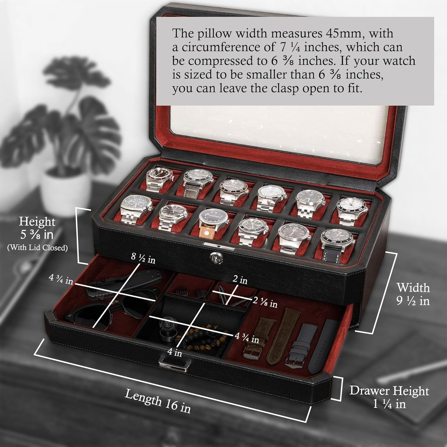 12 Slot Leather Watch Box with - Men Accessories Drawer บทวิจารณ์และราคา