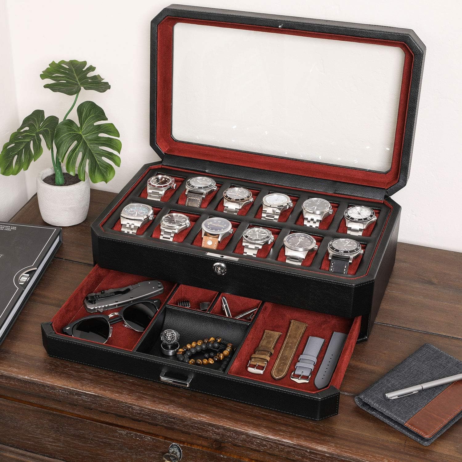 12 Slot Leather Watch Box with - Men Accessories Drawer บทวิจารณ์และราคา