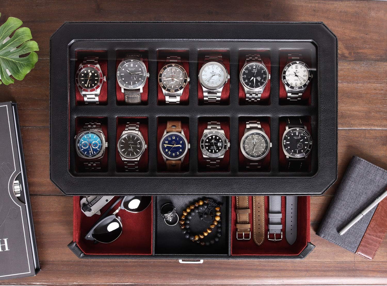 12 Slot Leather Watch Box with - Men Accessories Drawer บทวิจารณ์และราคา