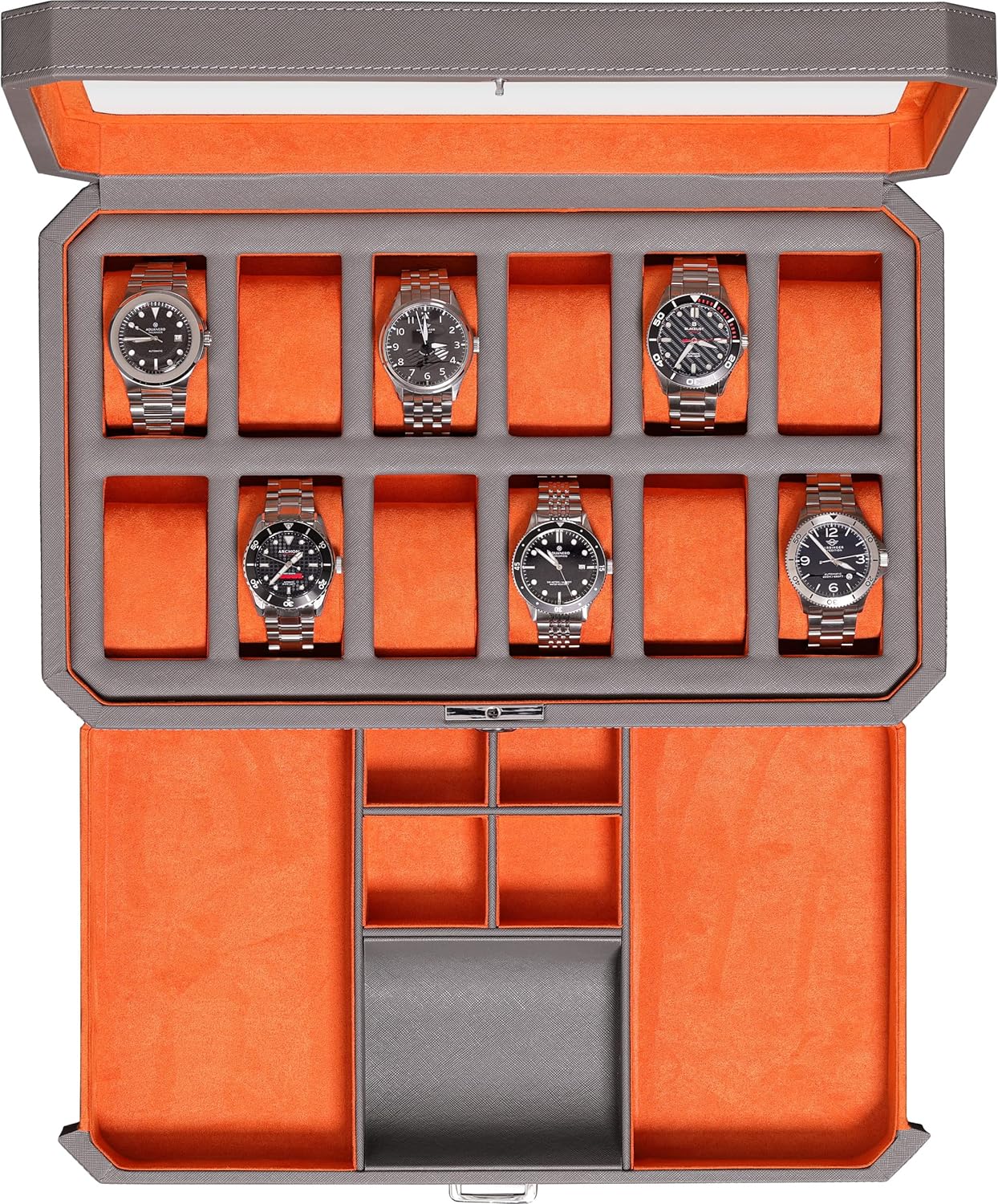 12 Slot Leather Watch Box with - Men Accessories Drawer บทวิจารณ์และราคา