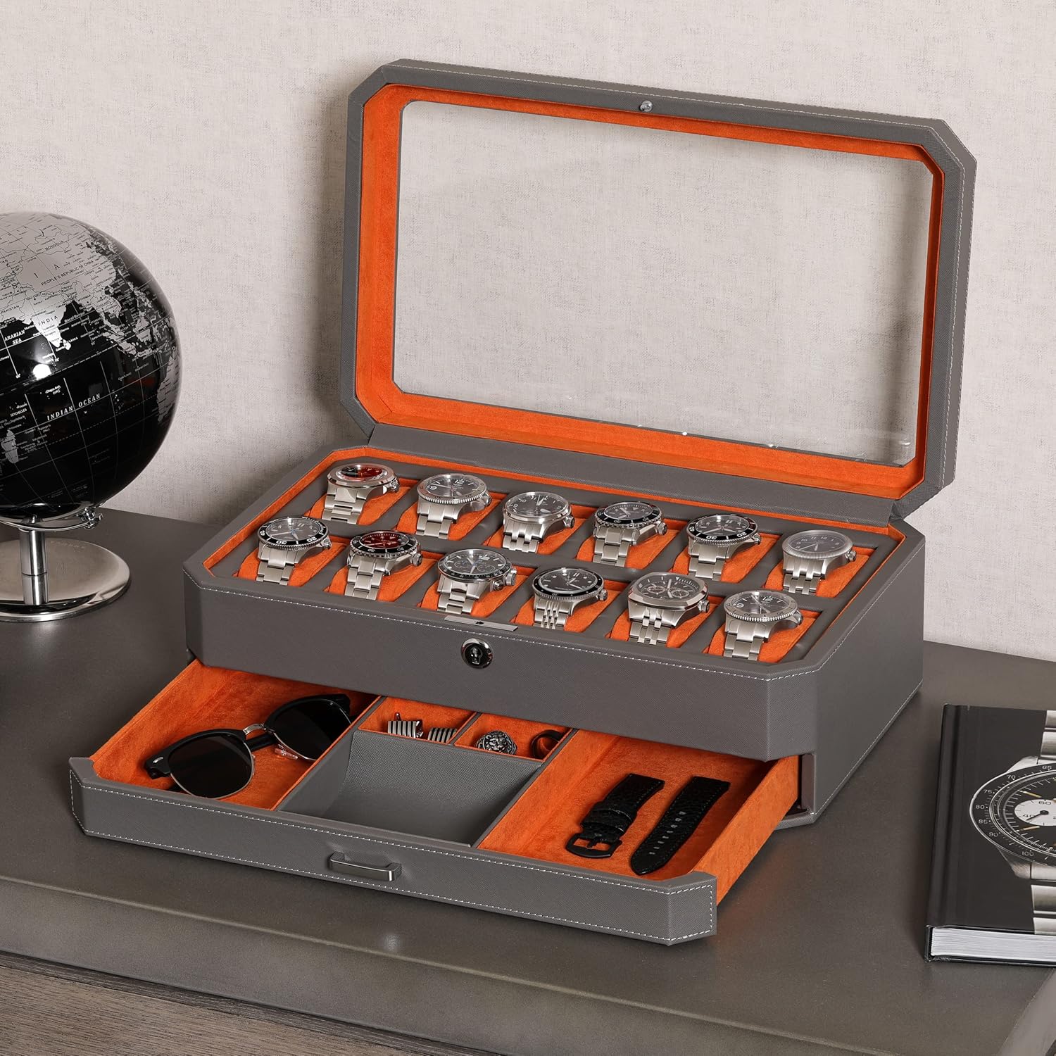 12 Slot Leather Watch Box with - Men Accessories Drawer บทวิจารณ์และราคา