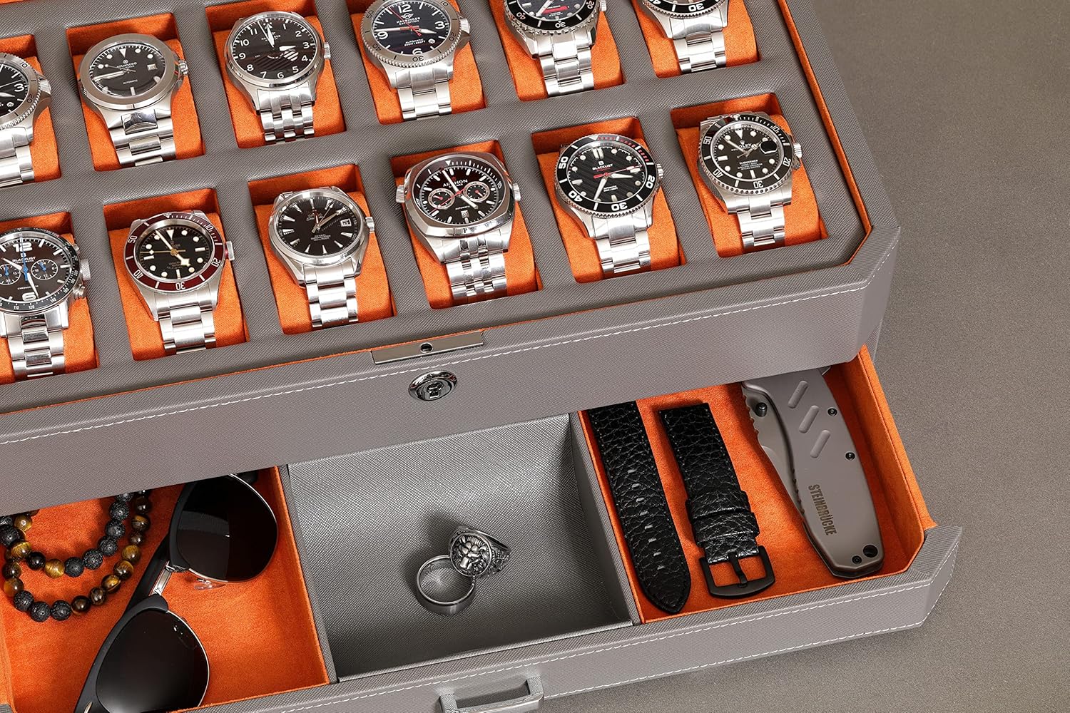 12 Slot Leather Watch Box with - Men Accessories Drawer บทวิจารณ์และราคา